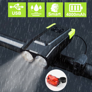 Induction Bicycle Front Light Set 4000mAh USB Rechargeable Smart Headlight With Horn 800 Lumen LED