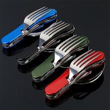 Load image into Gallery viewer, 4 in 1 Outdoor Tableware (Fork/Spoon/Knife/Bottle Opener) Camping Stainless Steel Folding Pocket Kits for Hiking Survival Travel