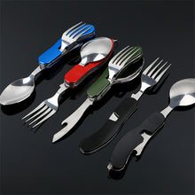 Load image into Gallery viewer, 4 in 1 Outdoor Tableware (Fork/Spoon/Knife/Bottle Opener) Camping Stainless Steel Folding Pocket Kits for Hiking Survival Travel